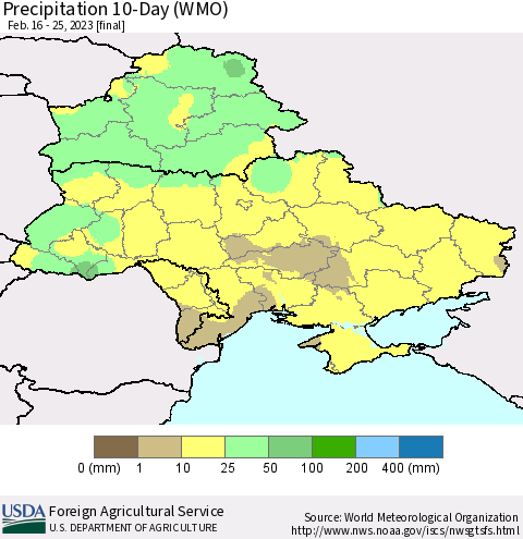 Ukraine, Moldova and Belarus Precipitation 10-Day (WMO) Thematic Map For 2/16/2023 - 2/25/2023