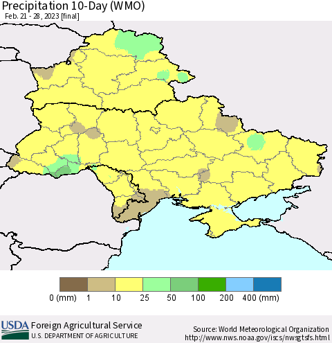 Ukraine, Moldova and Belarus Precipitation 10-Day (WMO) Thematic Map For 2/21/2023 - 2/28/2023