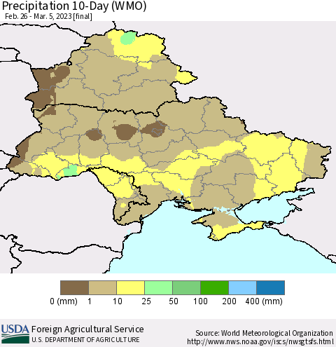 Ukraine, Moldova and Belarus Precipitation 10-Day (WMO) Thematic Map For 2/26/2023 - 3/5/2023