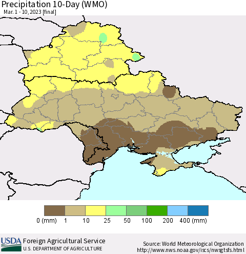 Ukraine, Moldova and Belarus Precipitation 10-Day (WMO) Thematic Map For 3/1/2023 - 3/10/2023