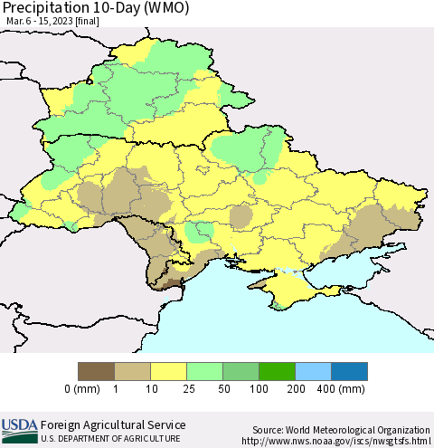 Ukraine, Moldova and Belarus Precipitation 10-Day (WMO) Thematic Map For 3/6/2023 - 3/15/2023