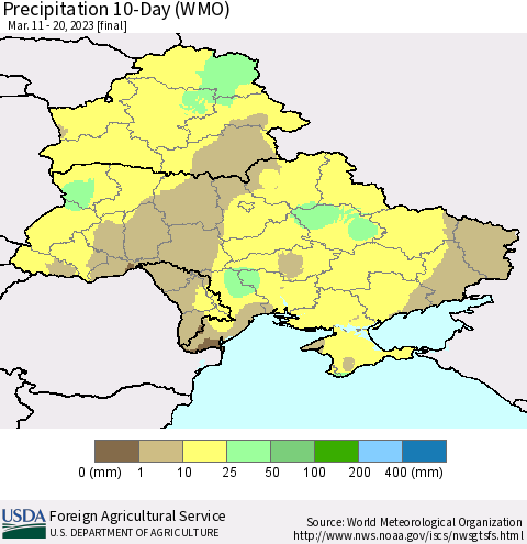 Ukraine, Moldova and Belarus Precipitation 10-Day (WMO) Thematic Map For 3/11/2023 - 3/20/2023