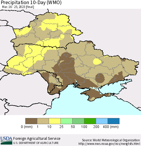 Ukraine, Moldova and Belarus Precipitation 10-Day (WMO) Thematic Map For 3/16/2023 - 3/25/2023