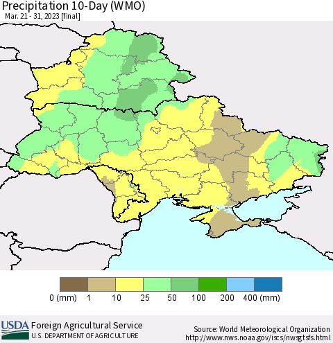 Ukraine, Moldova and Belarus Precipitation 10-Day (WMO) Thematic Map For 3/21/2023 - 3/31/2023
