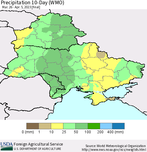 Ukraine, Moldova and Belarus Precipitation 10-Day (WMO) Thematic Map For 3/26/2023 - 4/5/2023