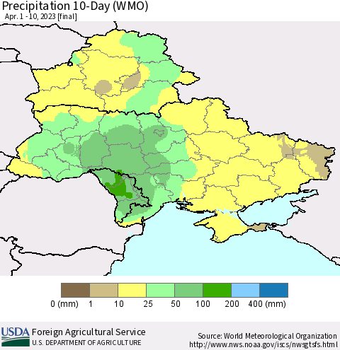 Ukraine, Moldova and Belarus Precipitation 10-Day (WMO) Thematic Map For 4/1/2023 - 4/10/2023