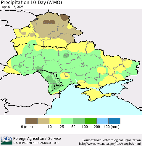 Ukraine, Moldova and Belarus Precipitation 10-Day (WMO) Thematic Map For 4/6/2023 - 4/15/2023