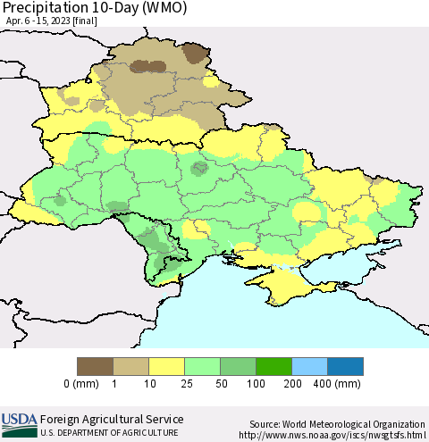 Ukraine, Moldova and Belarus Precipitation 10-Day (WMO) Thematic Map For 4/6/2023 - 4/15/2023