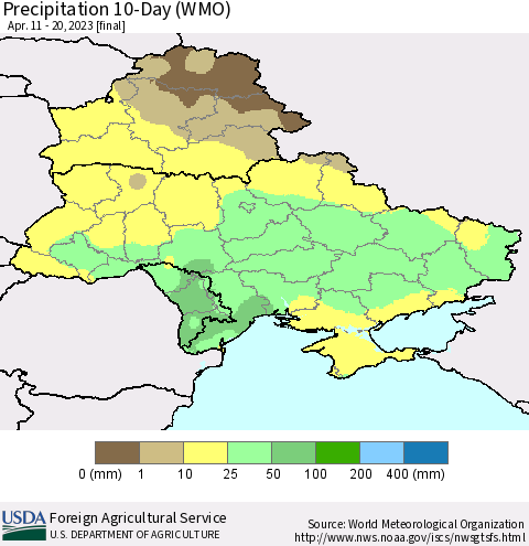 Ukraine, Moldova and Belarus Precipitation 10-Day (WMO) Thematic Map For 4/11/2023 - 4/20/2023