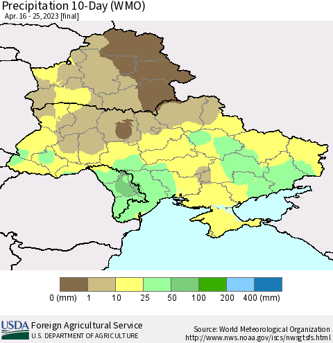 Ukraine, Moldova and Belarus Precipitation 10-Day (WMO) Thematic Map For 4/16/2023 - 4/25/2023
