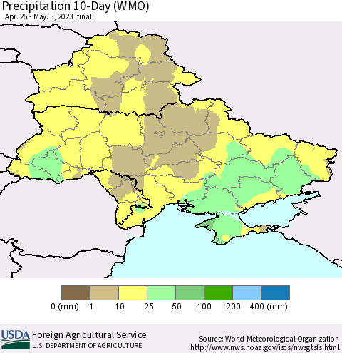Ukraine, Moldova and Belarus Precipitation 10-Day (WMO) Thematic Map For 4/26/2023 - 5/5/2023