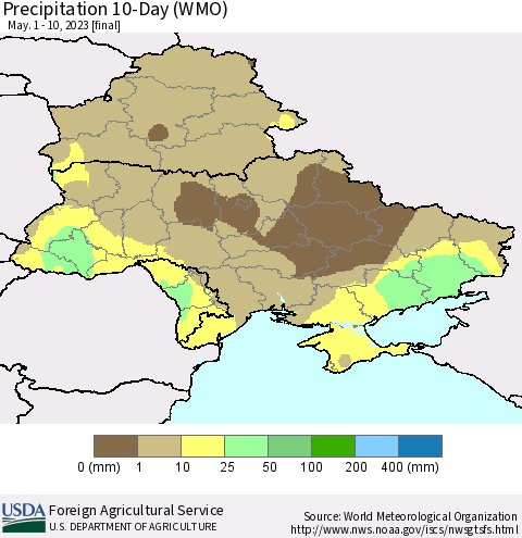 Ukraine, Moldova and Belarus Precipitation 10-Day (WMO) Thematic Map For 5/1/2023 - 5/10/2023