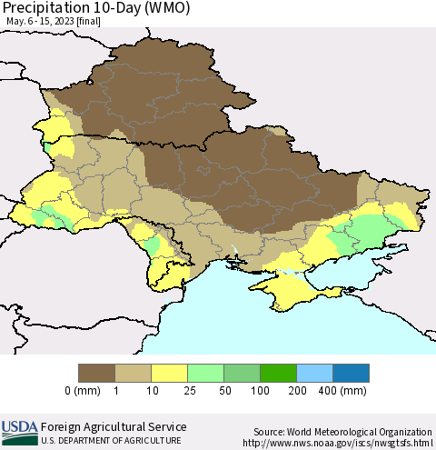 Ukraine, Moldova and Belarus Precipitation 10-Day (WMO) Thematic Map For 5/6/2023 - 5/15/2023