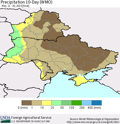 Ukraine, Moldova and Belarus Precipitation 10-Day (WMO) Thematic Map For 5/11/2023 - 5/20/2023
