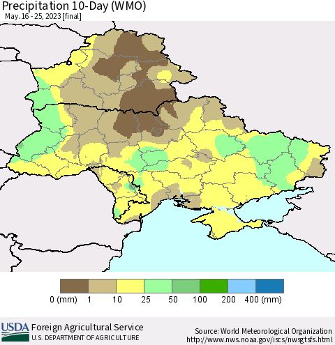 Ukraine, Moldova and Belarus Precipitation 10-Day (WMO) Thematic Map For 5/16/2023 - 5/25/2023