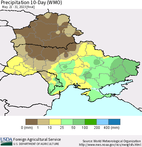 Ukraine, Moldova and Belarus Precipitation 10-Day (WMO) Thematic Map For 5/21/2023 - 5/31/2023
