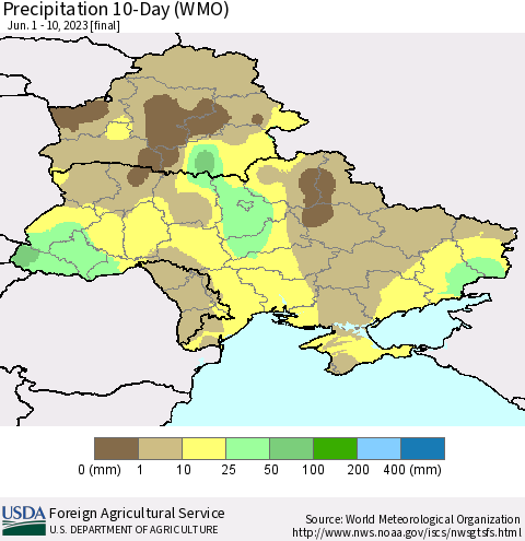 Ukraine, Moldova and Belarus Precipitation 10-Day (WMO) Thematic Map For 6/1/2023 - 6/10/2023