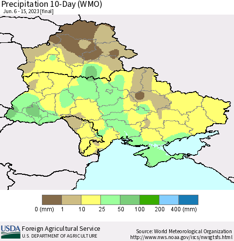 Ukraine, Moldova and Belarus Precipitation 10-Day (WMO) Thematic Map For 6/6/2023 - 6/15/2023