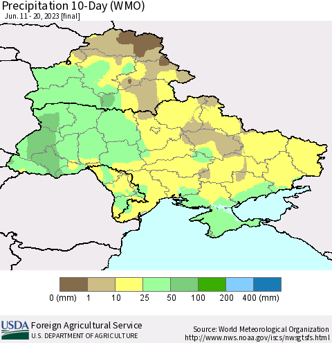 Ukraine, Moldova and Belarus Precipitation 10-Day (WMO) Thematic Map For 6/11/2023 - 6/20/2023