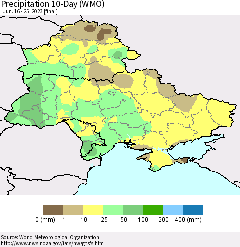 Ukraine, Moldova and Belarus Precipitation 10-Day (WMO) Thematic Map For 6/16/2023 - 6/25/2023
