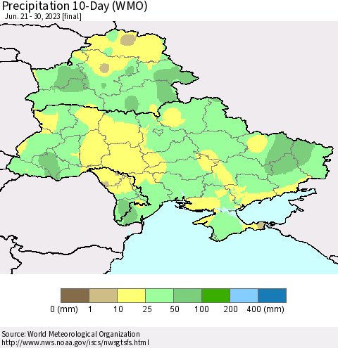 Ukraine, Moldova and Belarus Precipitation 10-Day (WMO) Thematic Map For 6/21/2023 - 6/30/2023