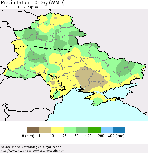 Ukraine, Moldova and Belarus Precipitation 10-Day (WMO) Thematic Map For 6/26/2023 - 7/5/2023