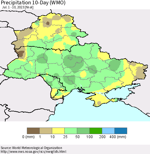 Ukraine, Moldova and Belarus Precipitation 10-Day (WMO) Thematic Map For 7/1/2023 - 7/10/2023