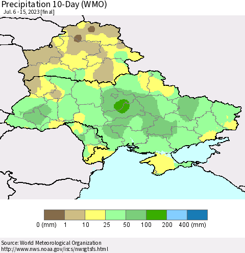 Ukraine, Moldova and Belarus Precipitation 10-Day (WMO) Thematic Map For 7/6/2023 - 7/15/2023