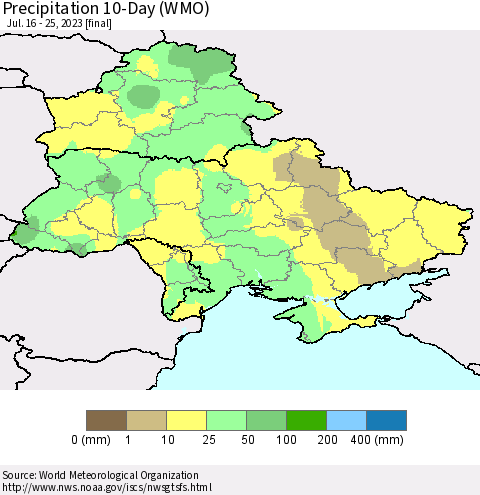 Ukraine, Moldova and Belarus Precipitation 10-Day (WMO) Thematic Map For 7/16/2023 - 7/25/2023