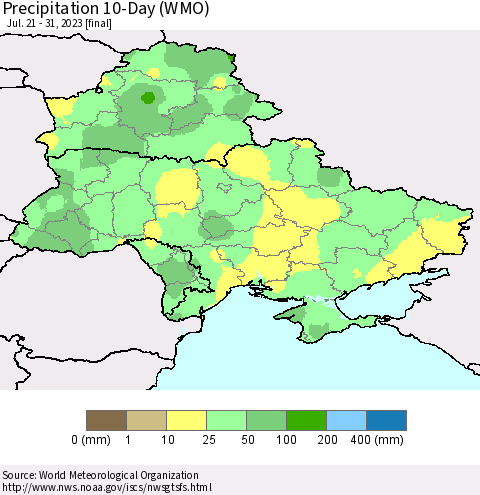 Ukraine, Moldova and Belarus Precipitation 10-Day (WMO) Thematic Map For 7/21/2023 - 7/31/2023