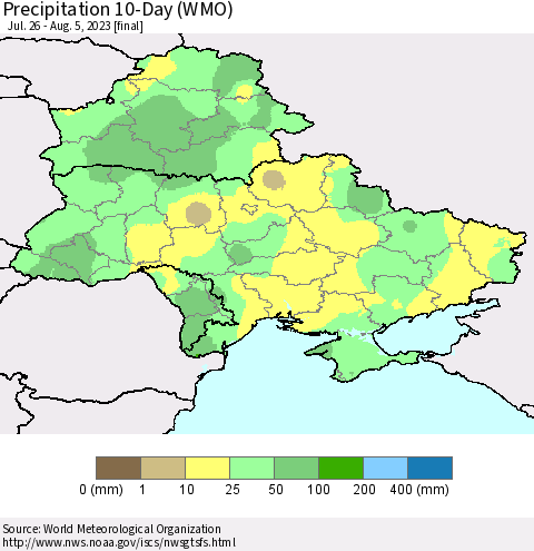 Ukraine, Moldova and Belarus Precipitation 10-Day (WMO) Thematic Map For 7/26/2023 - 8/5/2023