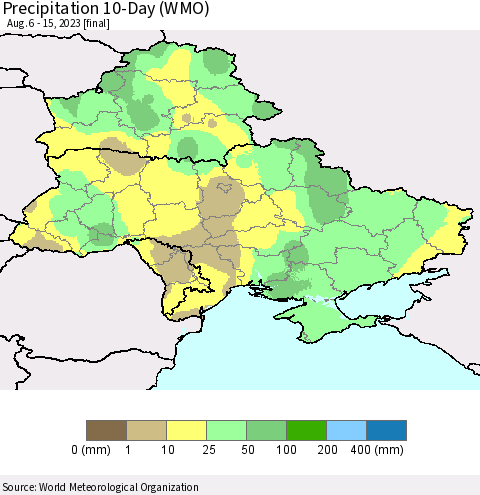 Ukraine, Moldova and Belarus Precipitation 10-Day (WMO) Thematic Map For 8/6/2023 - 8/15/2023