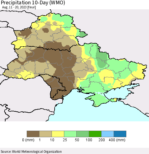 Ukraine, Moldova and Belarus Precipitation 10-Day (WMO) Thematic Map For 8/11/2023 - 8/20/2023