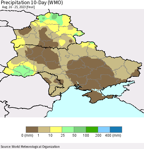 Ukraine, Moldova and Belarus Precipitation 10-Day (WMO) Thematic Map For 8/16/2023 - 8/25/2023