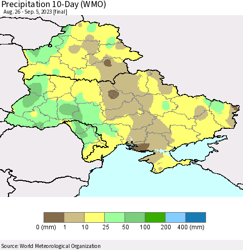 Ukraine, Moldova and Belarus Precipitation 10-Day (WMO) Thematic Map For 8/26/2023 - 9/5/2023