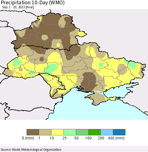 Ukraine, Moldova and Belarus Precipitation 10-Day (WMO) Thematic Map For 9/1/2023 - 9/10/2023