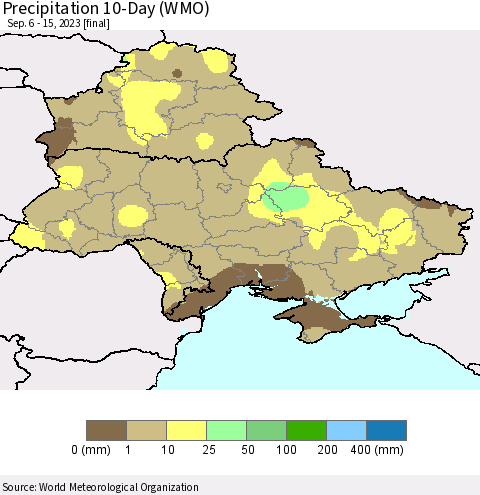 Ukraine, Moldova and Belarus Precipitation 10-Day (WMO) Thematic Map For 9/6/2023 - 9/15/2023