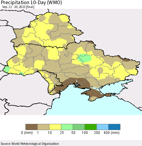 Ukraine, Moldova and Belarus Precipitation 10-Day (WMO) Thematic Map For 9/11/2023 - 9/20/2023