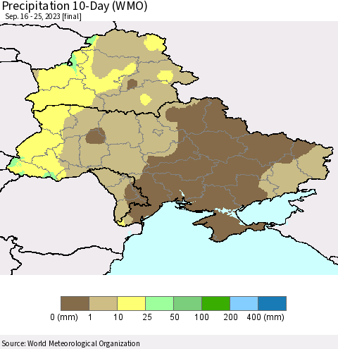 Ukraine, Moldova and Belarus Precipitation 10-Day (WMO) Thematic Map For 9/16/2023 - 9/25/2023