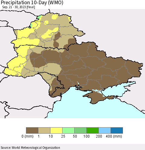 Ukraine, Moldova and Belarus Precipitation 10-Day (WMO) Thematic Map For 9/21/2023 - 9/30/2023