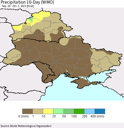 Ukraine, Moldova and Belarus Precipitation 10-Day (WMO) Thematic Map For 9/26/2023 - 10/5/2023