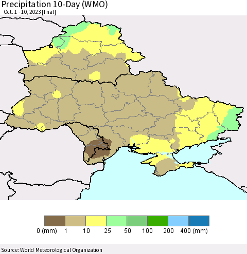 Ukraine, Moldova and Belarus Precipitation 10-Day (WMO) Thematic Map For 10/1/2023 - 10/10/2023