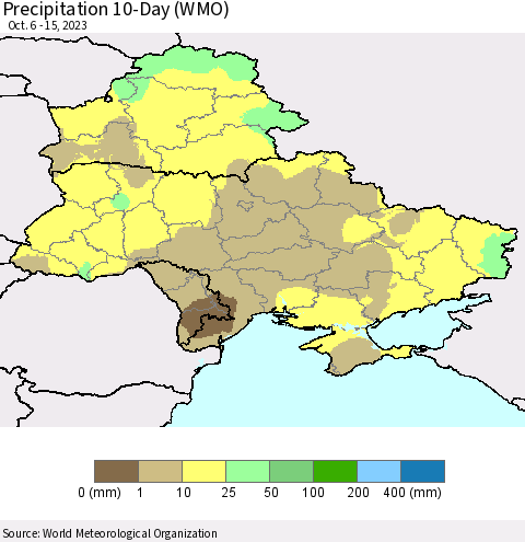 Ukraine, Moldova and Belarus Precipitation 10-Day (WMO) Thematic Map For 10/6/2023 - 10/15/2023
