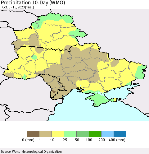 Ukraine, Moldova and Belarus Precipitation 10-Day (WMO) Thematic Map For 10/6/2023 - 10/15/2023
