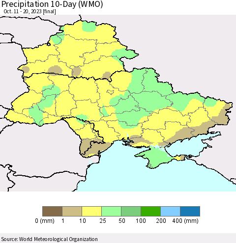Ukraine, Moldova and Belarus Precipitation 10-Day (WMO) Thematic Map For 10/11/2023 - 10/20/2023