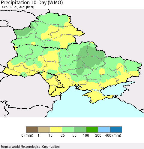 Ukraine, Moldova and Belarus Precipitation 10-Day (WMO) Thematic Map For 10/16/2023 - 10/25/2023