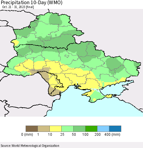 Ukraine, Moldova and Belarus Precipitation 10-Day (WMO) Thematic Map For 10/21/2023 - 10/31/2023