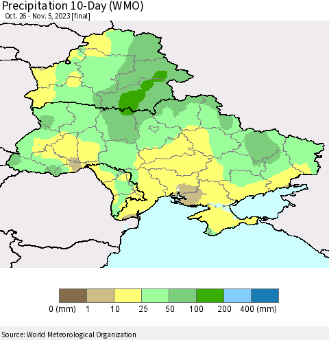 Ukraine, Moldova and Belarus Precipitation 10-Day (WMO) Thematic Map For 10/26/2023 - 11/5/2023