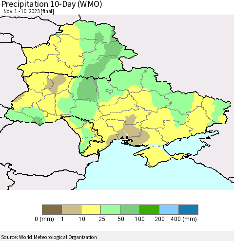 Ukraine, Moldova and Belarus Precipitation 10-Day (WMO) Thematic Map For 11/1/2023 - 11/10/2023