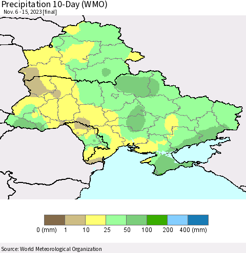 Ukraine, Moldova and Belarus Precipitation 10-Day (WMO) Thematic Map For 11/6/2023 - 11/15/2023